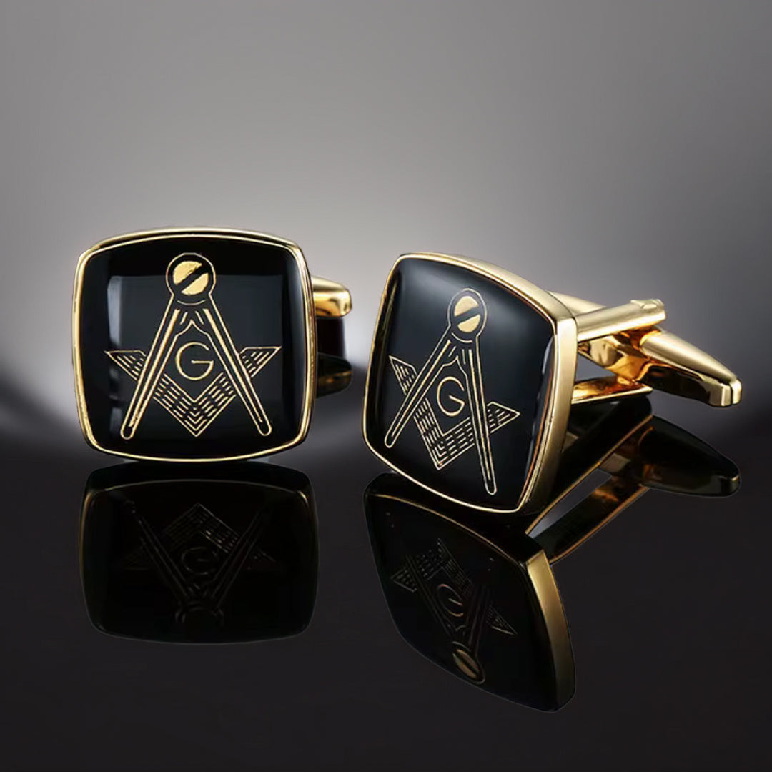 Freimaurer Manschettenknöpfe Schwarz-Gold | Winkel und Zirkel