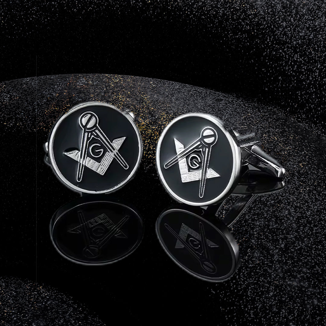 Freimaurer Manschettenknöpfe Schwarz-Silber rund | Winkel und Zirkel